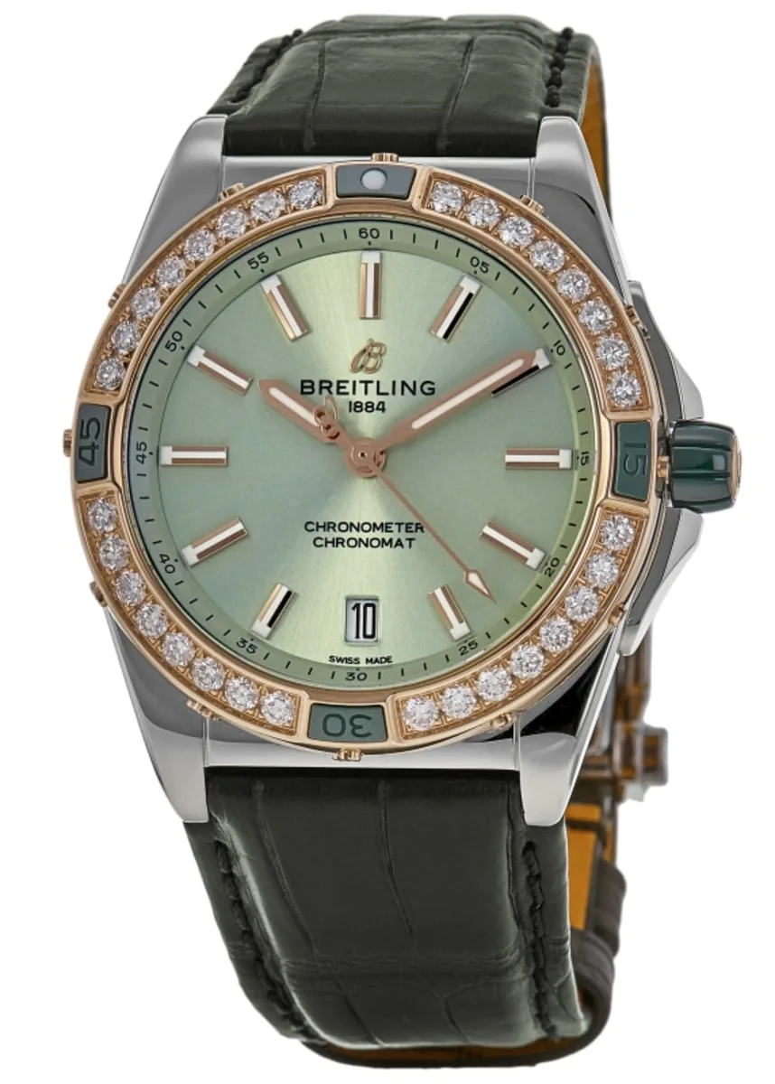 Super Chronomat Automatic 38 Green Dial Diamond Bezel Leather Strap Women's Watch U17356531L1P1