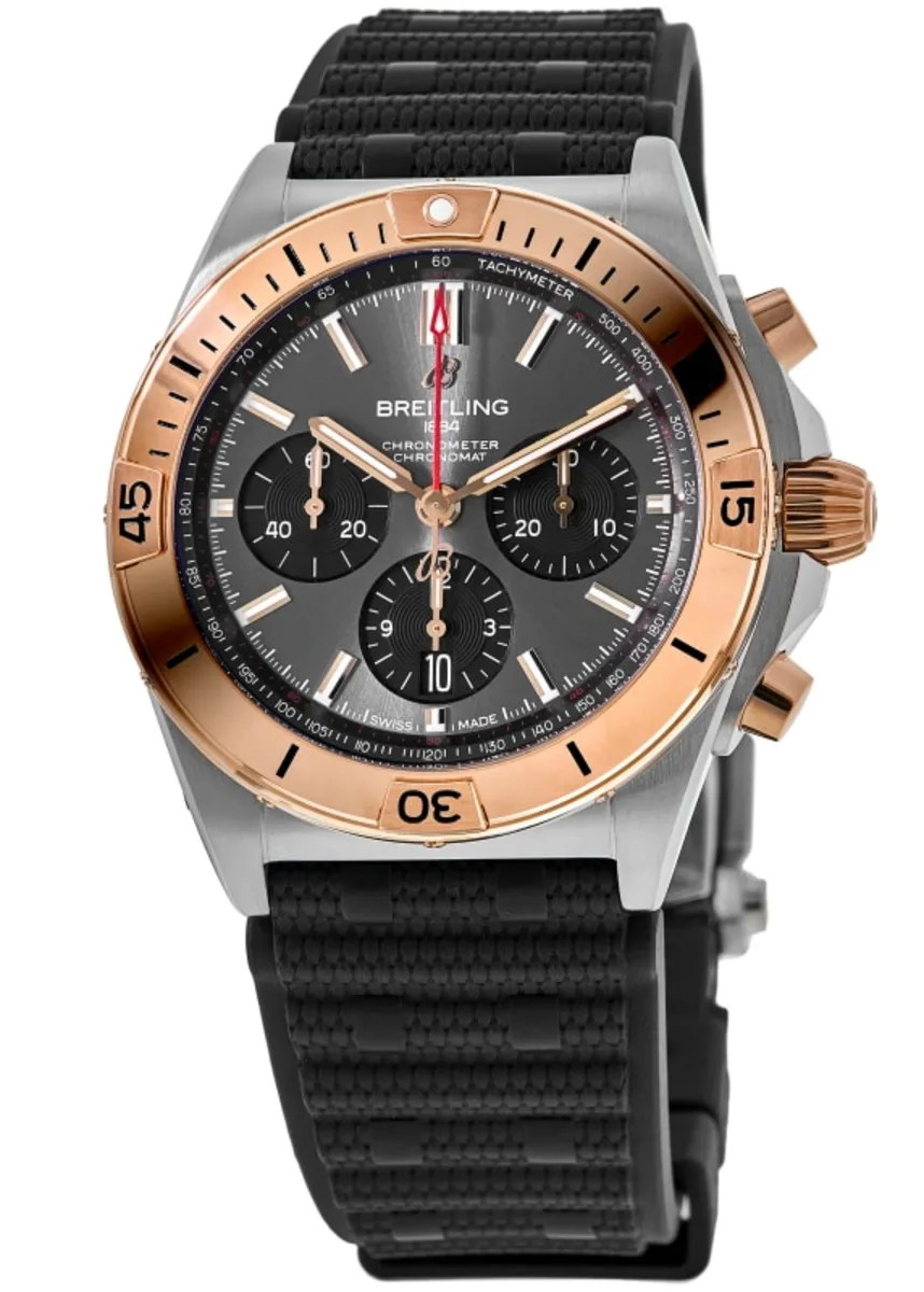 Chronomat B01 42 Automatic Chronograph Grey Dial 18K Rose Gold Bezel Rubber Strap Men's Watch UB0134101B1S1