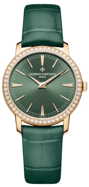 Traditionnelle Moon Phase Manual Winding Green Dial 18K Rose Gold Diamond Bezel Leather Strap Women's Watch 1405T/000R-H009