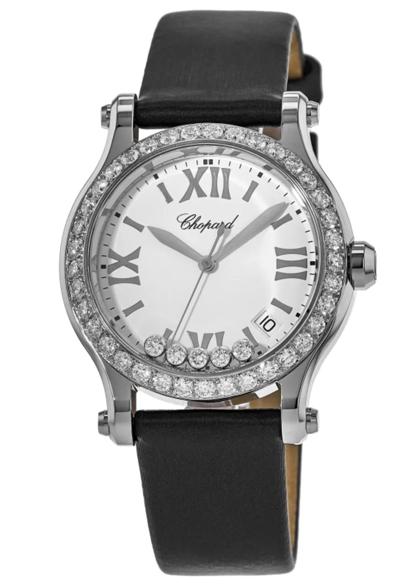 Happy Sport Medium 36mm Quartz Floating Diamond Custom Bezel Satin Strap Women's Watch 278582-3001S-CD