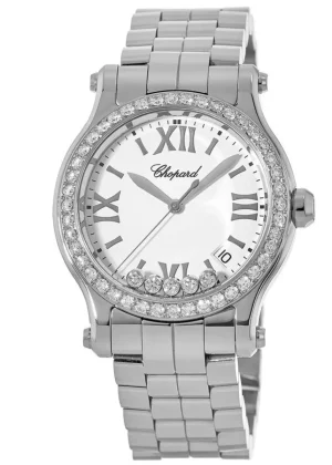 Happy Sport Medium 36mm Quartz White Dial Custom Diamond Bezel Steel Women's Watch 278582-3002-CD
