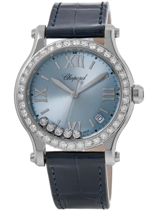 Happy Sport Medium 36mm Blue Floating Diamond Dial Custom Diamond Bezel Leather Strap Women's Watch 278582-3008-CDA