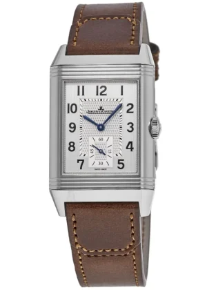 Reverso Classic Large Duoface Small Seconds Manual Wind GMT Silver Dial Brown Leather Strap Men's Watch 3848422