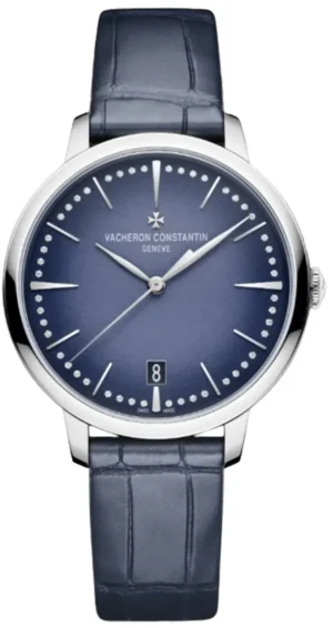 Patrimony Moon Phase Self Winding Blue Diamond Dial 18K White Gold Leather Strap Women's Watch 4110U/000G-B906