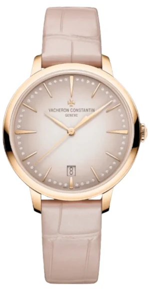 Patrimony Moon Phase Self Winding Pink Diamond Dial 18K Rose Gold Leather Strap Women's Watch 4110U/000R-B905