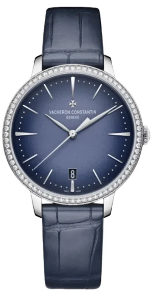 Patrimony Moon Phase Self Winding Blue Dial 18K White Gold Diamond Bezel Leather Strap Women's Watch 4115U/000G-B908