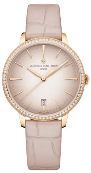 Patrimony Moon Phase Self Winding Pink Dial 18K Rose Gold Diamond Bezel Leather Strap Women's Watch 4115U/000R-B907