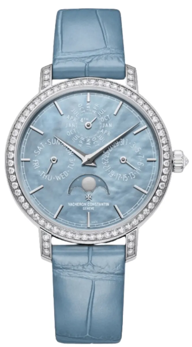 Traditionnelle Complete Calendar Perpetual Calendar Automatic Mother of Pearl Dial 18K White Gold Diamond Bezel Leather Strap Women's Watch 4305T/000G-B948