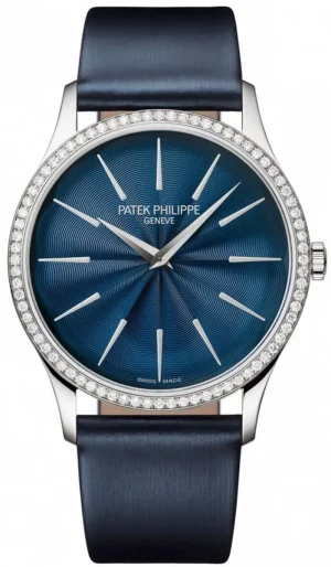 Calatrava Blue Dial Diamond Leather Strap Women's Watch 4997/200G-001