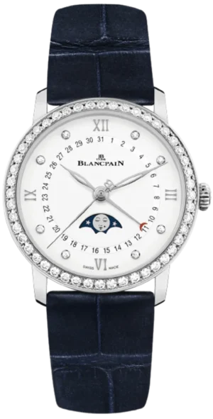 Villeret Quantieme Phases de Lune White Dial Diamond Leather Strap Women's Watch 6126-4628-55B