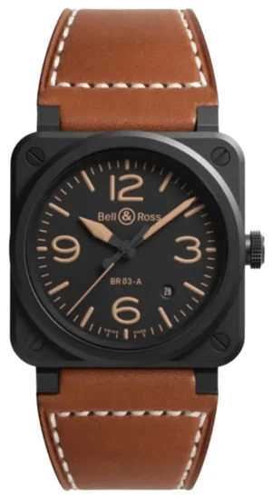 BR 03 Automatic Heritage Black Dial Ceramic Brown Leather Strap Men's Watch BR03A-HER-CE/SCA
