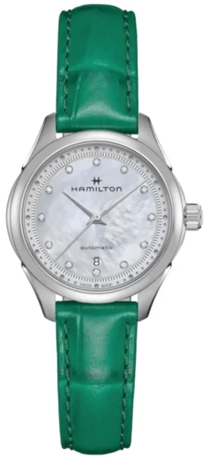 Jazzmaster Lady Auto Mother of Pearl Diamond Dial Green Leather Strap Women's Watch H32275890