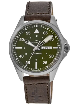 Khaki Aviation Pilot Day Date Auto Green Dial Brown Leather Strap Men's Watch H64635560