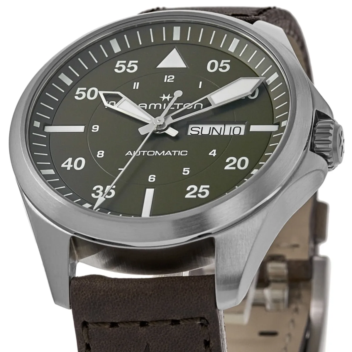 Khaki Aviation Pilot Day Date Auto Green Dial Brown Leather Strap Men's Watch H64635560 - Image 2