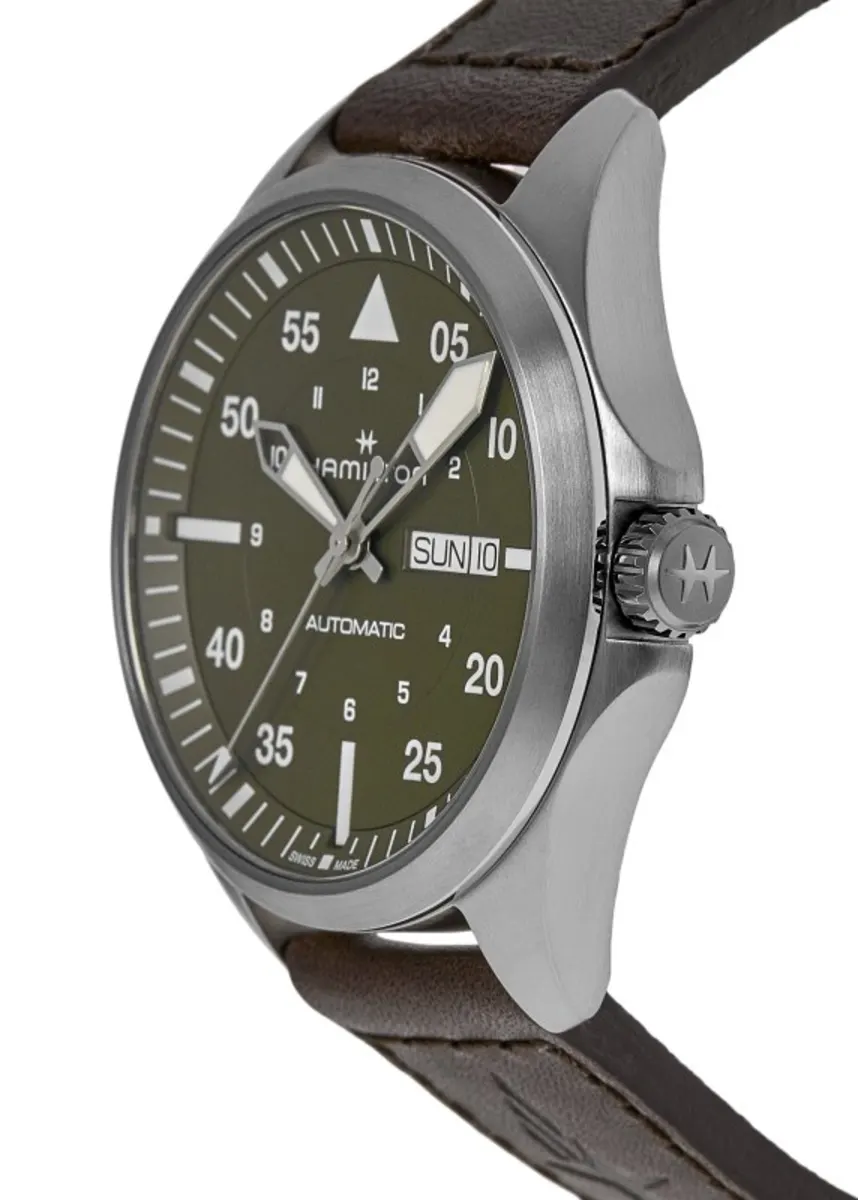 Khaki Aviation Pilot Day Date Auto Green Dial Brown Leather Strap Men's Watch H64635560 - Image 3