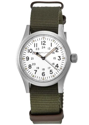 Khaki Field Mechanical Manual Winding White Dial Green Fabric Strap Men's Watch H69439411