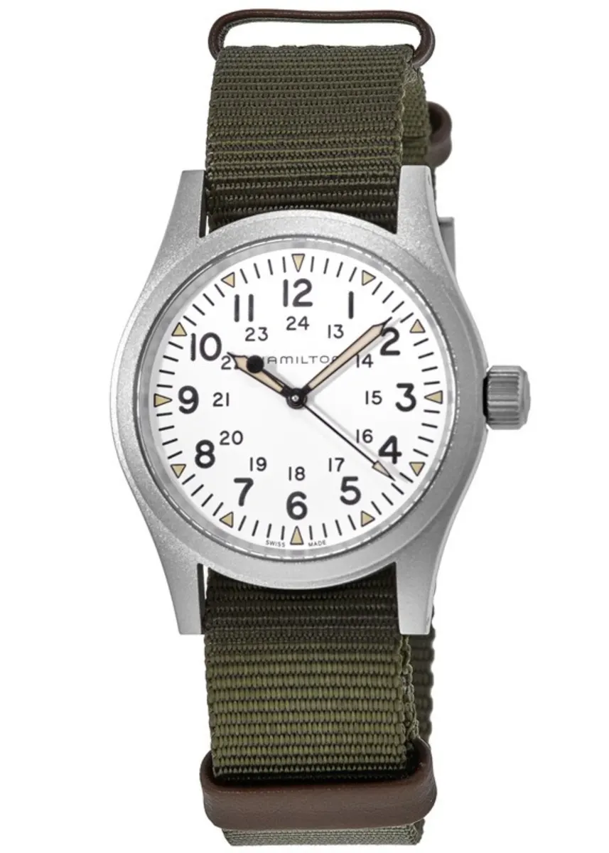 Khaki Field Mechanical Manual Winding White Dial Green Fabric Strap Men's Watch H69439411