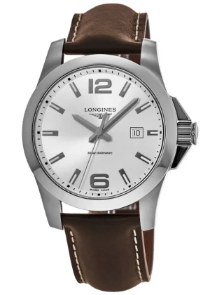 Conquest 43 Silver Dial Brown Leather Strap Men's Watch L3.760.4.76.5