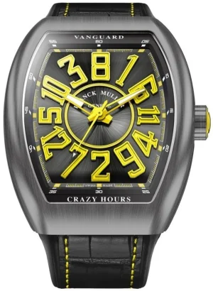 Vanguard Crazy Hours Silver Yellow Dial Leather Strap Men's Watch V 45 CH BR (JA)
