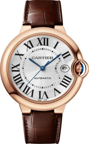 Ballon Bleu de Cartier Silver Dial 18K Rose Gold Leather Strap Men's Watch WGBB0035