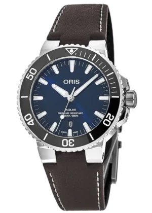 Aquis Date Automatic 39mm Blue Dial Leather Strap Men's Watch 01 733 7732 4135-07 5 21 10FC