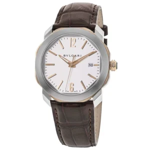 Octo Roma Automatic Silver Dial 18k Rose Gold Leather Strap Men's Watch 102703