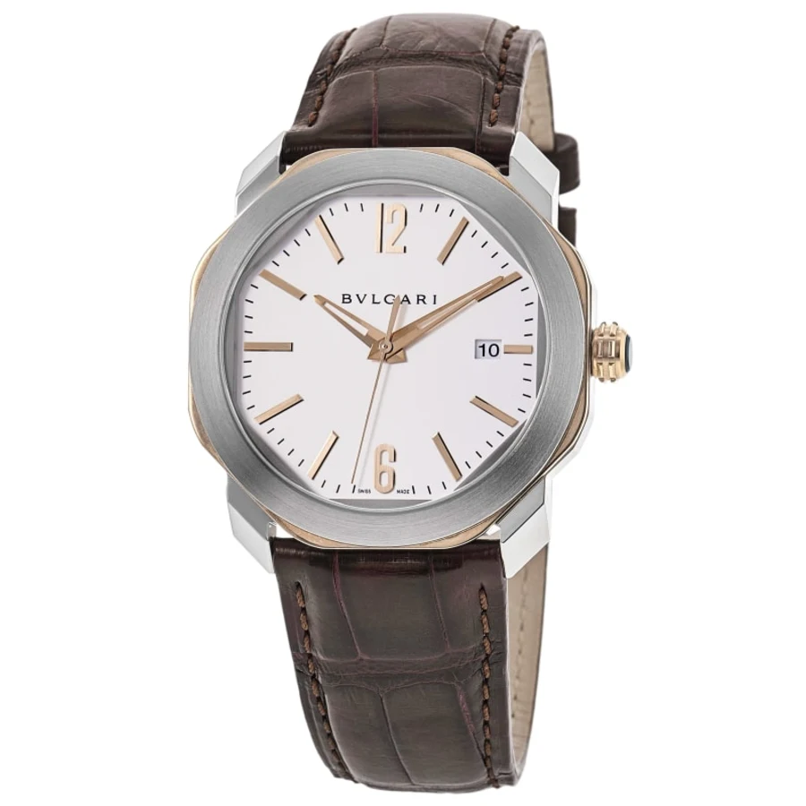 Octo Roma Automatic Silver Dial 18k Rose Gold Leather Strap Men's Watch 102703