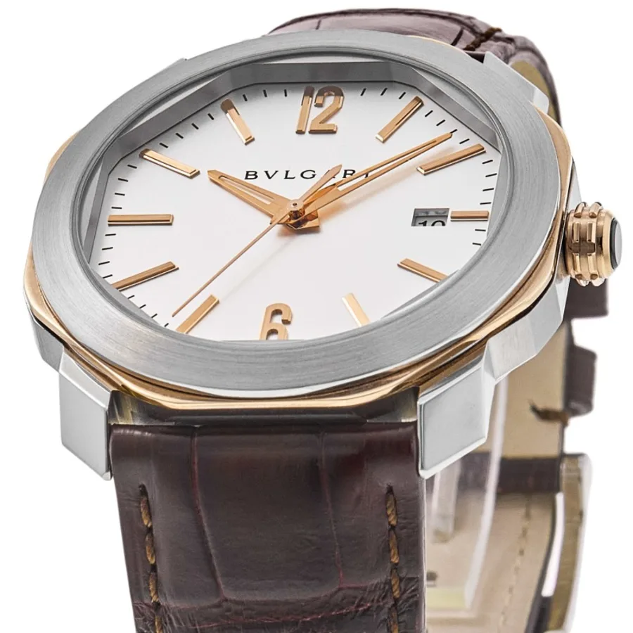 Octo Roma Automatic Silver Dial 18k Rose Gold Leather Strap Men's Watch 102703 - Image 2