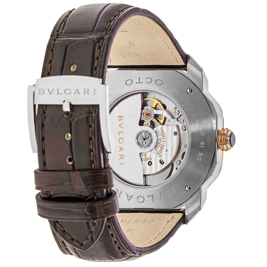Octo Roma Automatic Silver Dial 18k Rose Gold Leather Strap Men's Watch 102703 - Image 4