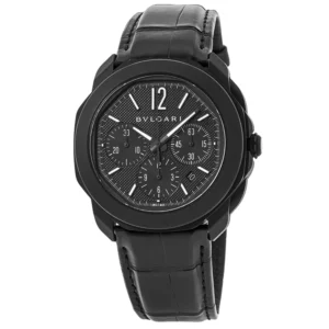 Octo Roma Black Chronograph Dial Leather & Rubber Strap Men's Watch 103932