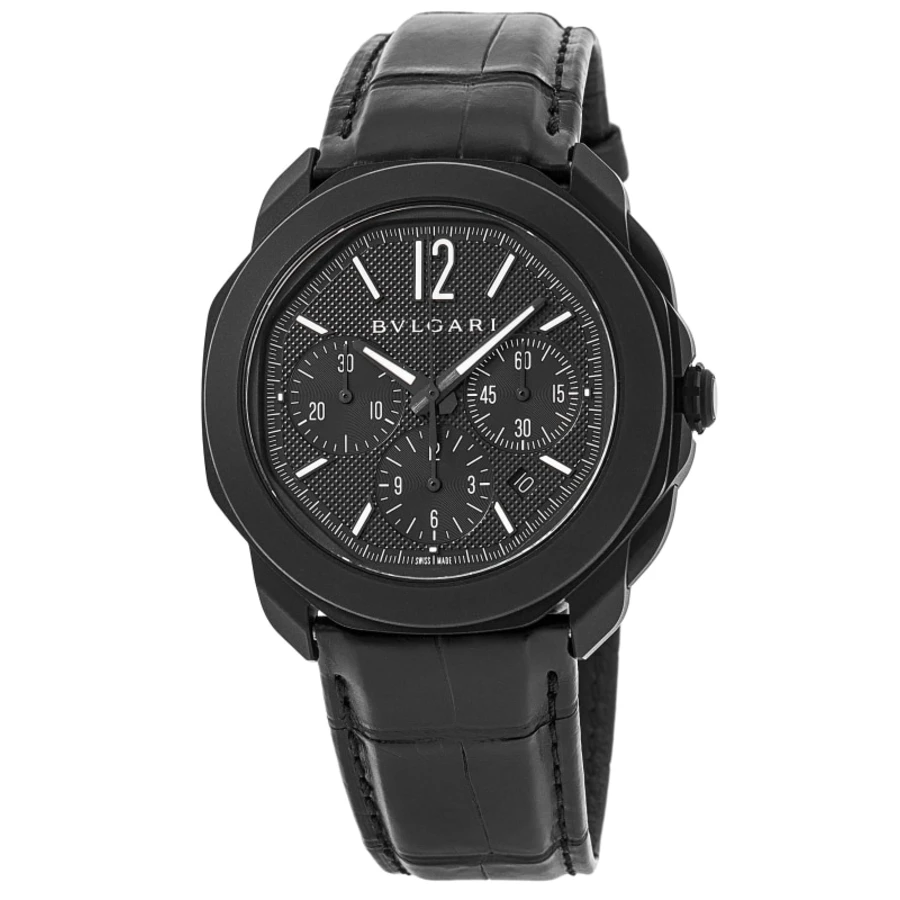 Octo Roma Black Chronograph Dial Leather & Rubber Strap Men's Watch 103932