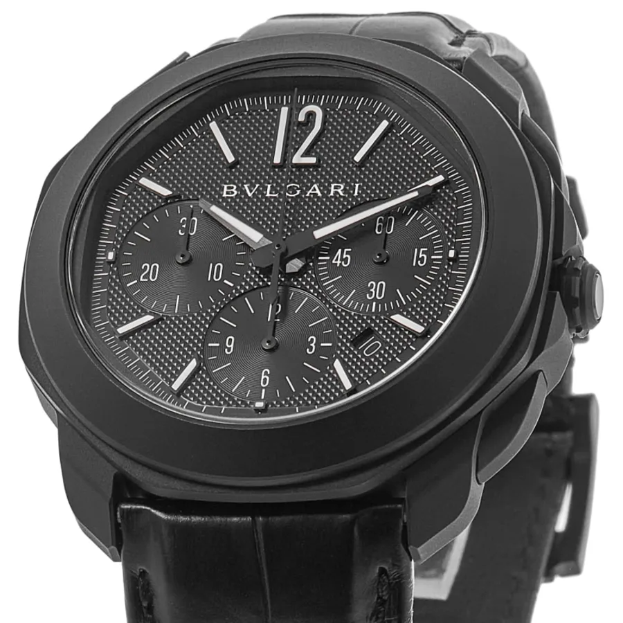 Octo Roma Black Chronograph Dial Leather & Rubber Strap Men's Watch 103932 - Image 5