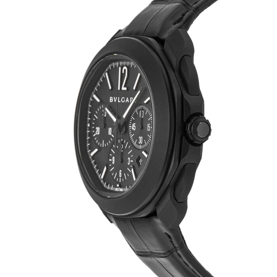 Octo Roma Black Chronograph Dial Leather & Rubber Strap Men's Watch 103932 - Image 6