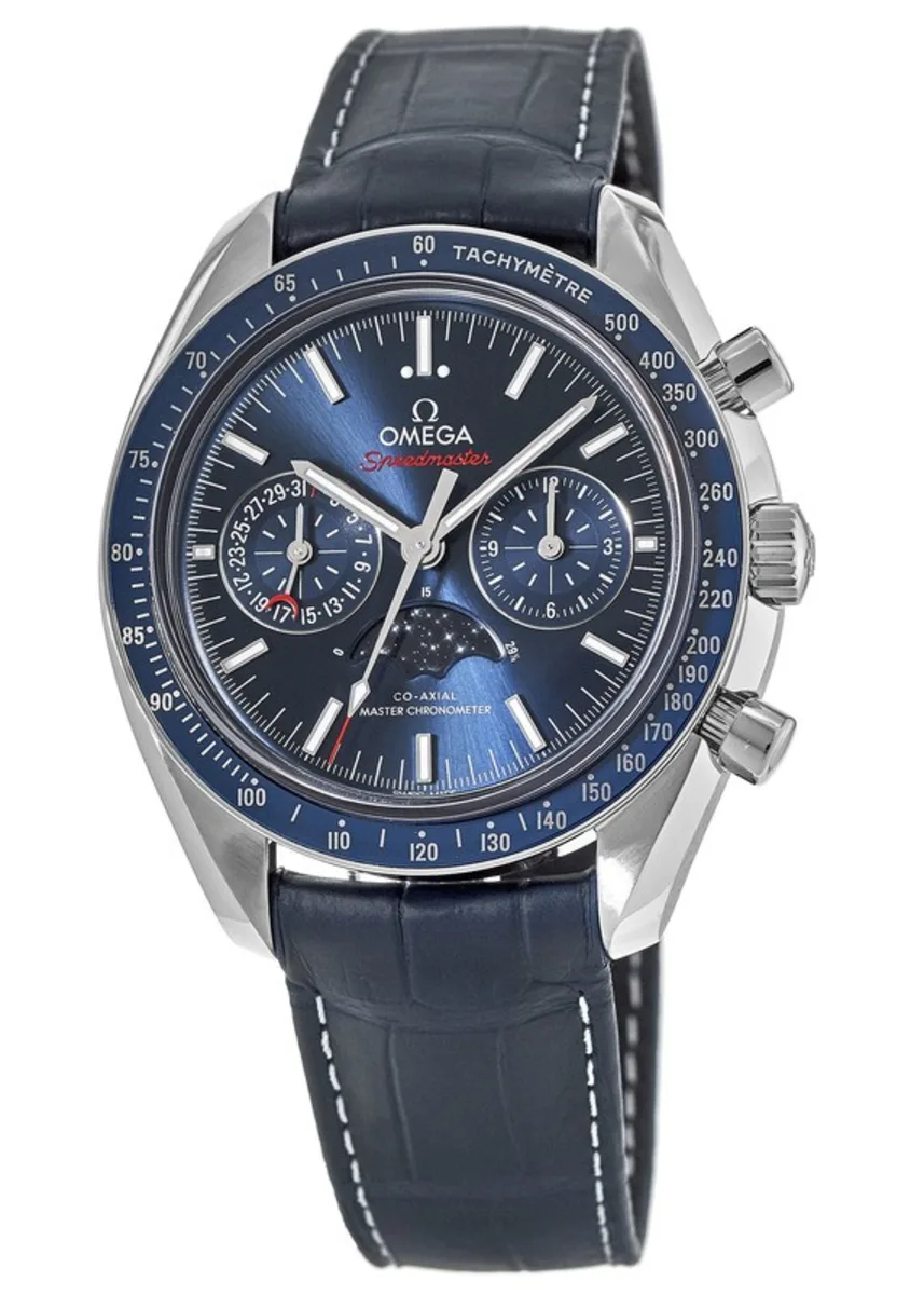 Speedmaster Moonphase Co-Axial Master Chronometer Chronograph Blue Dial Leather Strap Men's Watch 304.33.44.52.03.001