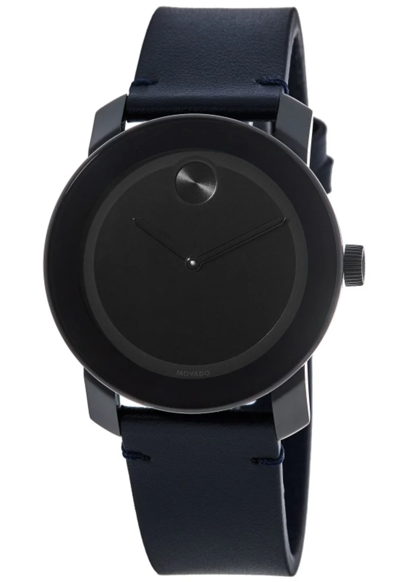 Bold Black Dial Navy Leather Strap Men's Watch 3600583