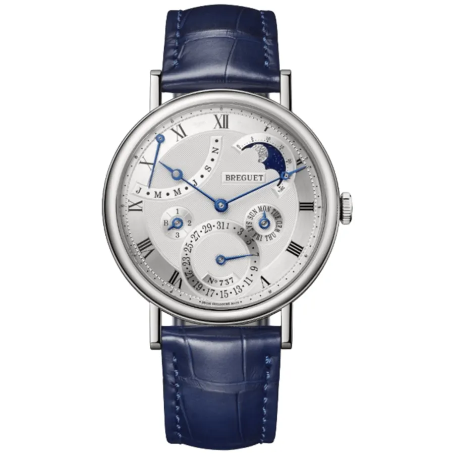 Classique Quantieme Perpetuel Automatic Silver Dial 18K White Gold Blue Leather Strap Men's Watch 7327BB/11/9VU