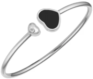Happy Hearts 18K White Gold, Diamond and Onyx Bangle Size M Women's Bracelet 857482-1203