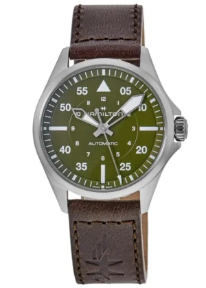 Khaki Aviation Pilot Auto 39mm Green Dial Brown Leather Strap Men's Watch H76305560