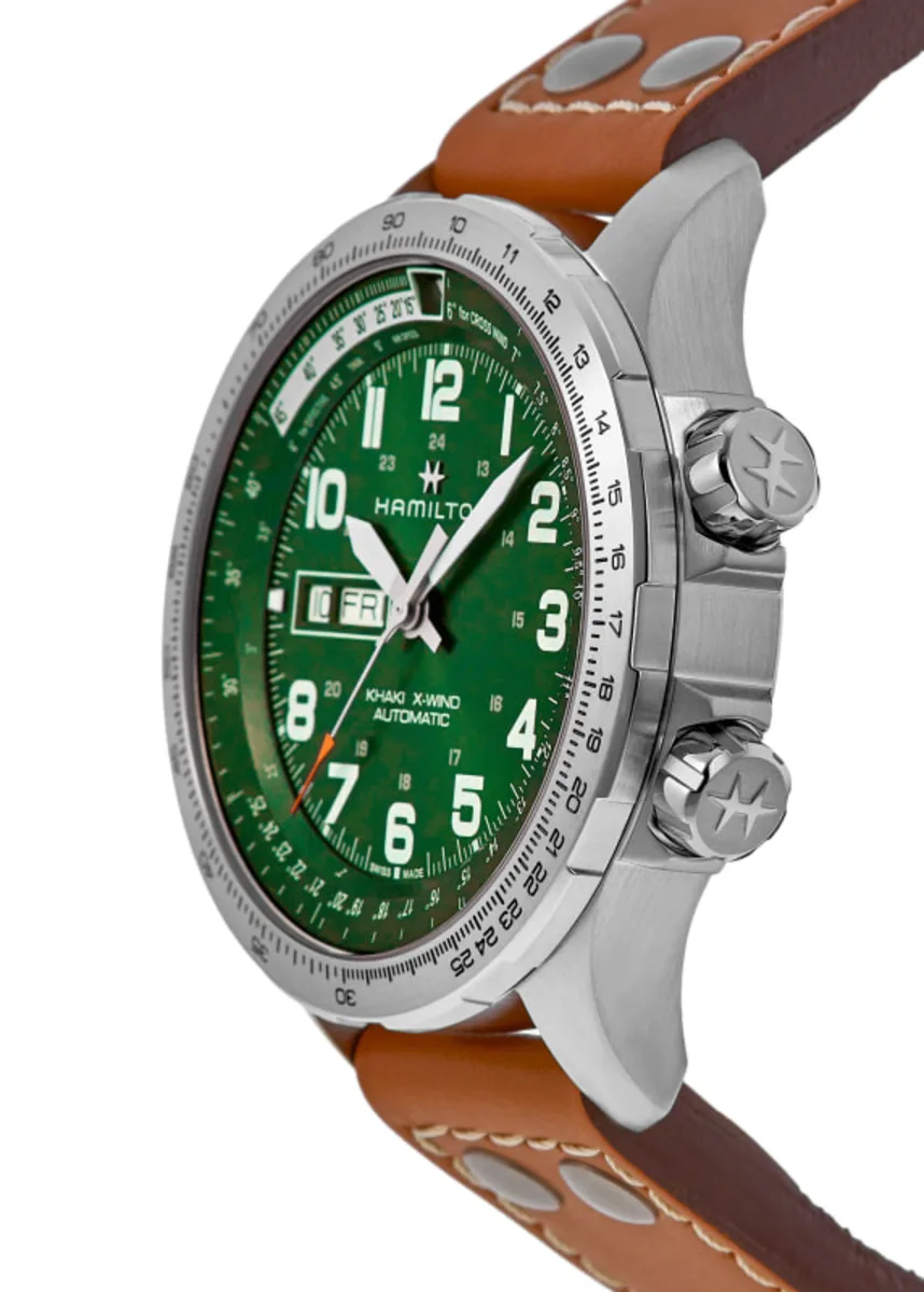 Khaki Aviation X-Wind Day Date Auto Green Dial Leather Strap Men's Watch H77735560 - Image 3