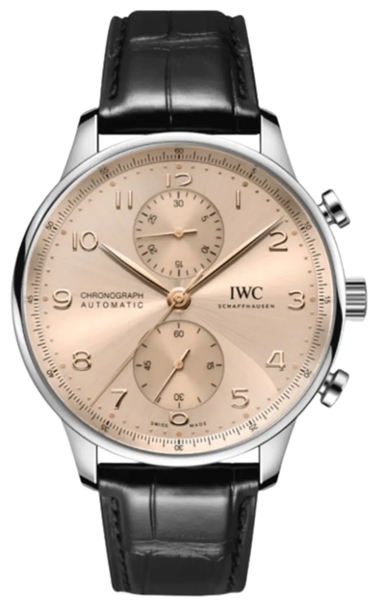 Portugieser Automatic Chronograph Beige Dial Black Leather Strap Men's Watch IW371624