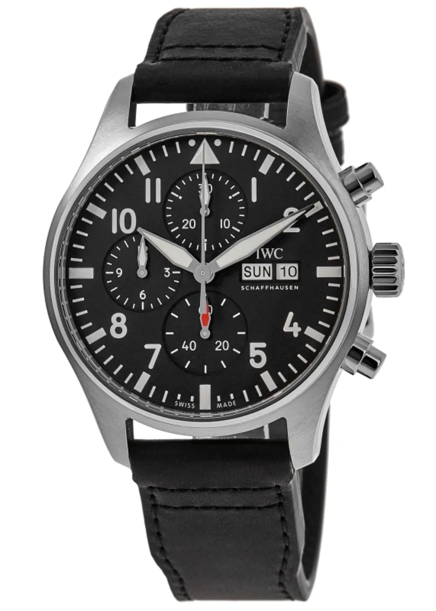 Pilot's Chronograph Black Dial Leather Strap Men's Watch IW378001
