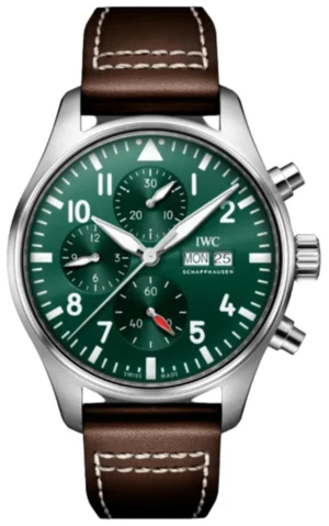 Pilot's Chronograph Automatic Green Dial Brown Leather Strap Men's Watch IW378005