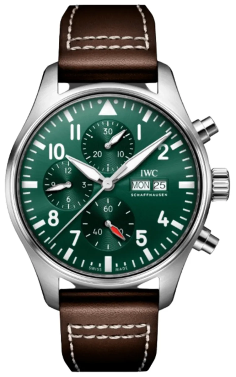 Pilot's Chronograph Automatic Green Dial Brown Leather Strap Men's Watch IW378005
