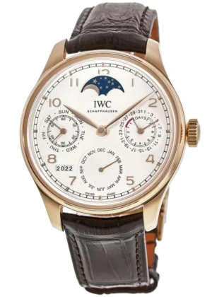 Portugieser Perpetual Calendar 18kt Rose Gold Silver Dial Leather Strap Men's Watch IW503302