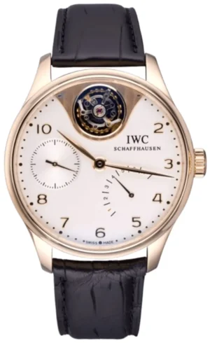 Portugieser Tourbillon Mystere Automatic Silver Dial 18K Rose Gold Brown Leather Strap Men's Watch IW504202