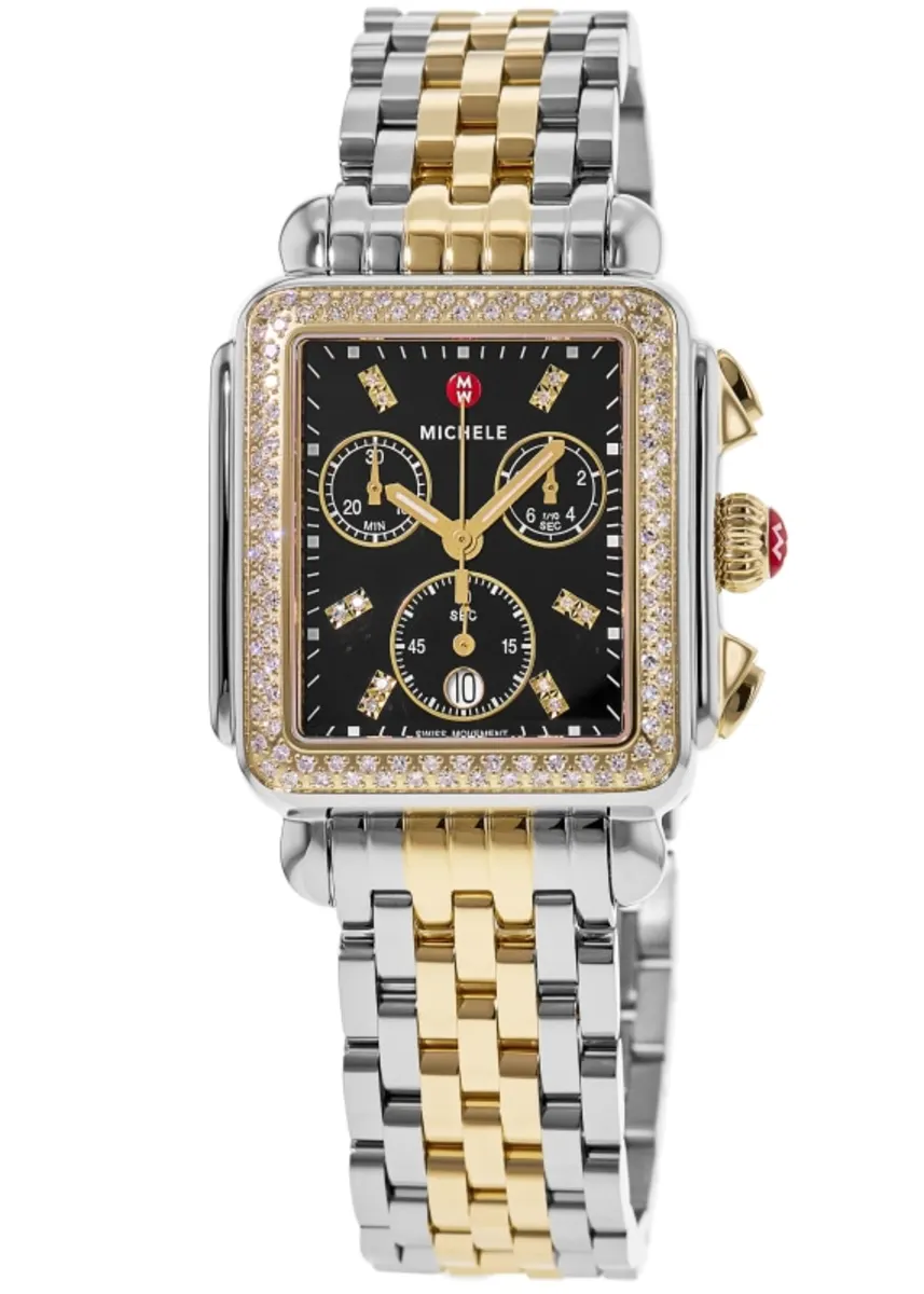 Deco Diamond Chronograph Diamond Black Dial Two-Tone 18K Gold-Plated Steel Women's Watch MWW06A000808