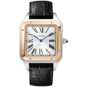 Santos Dumont Extra Large Rose Gold and Stainless Steel Black Leather Strap Men's Watch W2SA0017