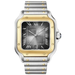 Santos De Cartier Automatic Grey Dial 18K Yellow Gold Bezel Steel Men's Watch W2SA0030