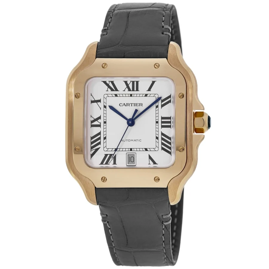 Santos De Cartier Large Automatic Silver Dial Grey Leather Strap Men's Watch WGSA0019