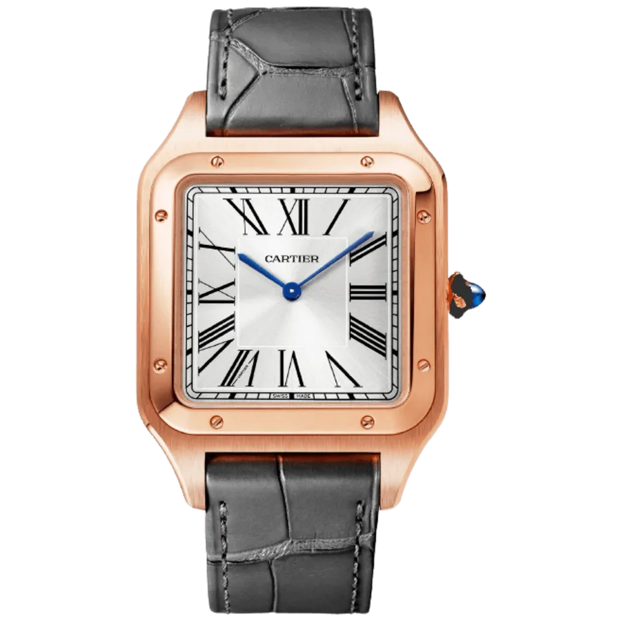 Santos Dumont Silver Dial 18K Rose Gold Leather Strap Men's Watch WGSA0032